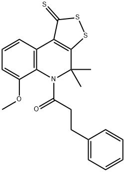 6-methoxy-4,4-dimethyl-5-(3-phenylpropanoyl)-4,5-dihydro-1H-[1,2]dithiolo[3,4-c]quinoline-1-thione Struktur