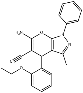 6-amino-4-(2-ethoxyphenyl)-3-methyl-1-phenyl-1,4-dihydropyrano[2,3-c]pyrazole-5-carbonitrile Struktur