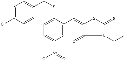 5-{2-[(4-chlorobenzyl)sulfanyl]-5-nitrobenzylidene}-3-ethyl-2-thioxo-1,3-thiazolidin-4-one Struktur