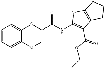 ethyl 2-[(2,3-dihydro-1,4-benzodioxin-2-ylcarbonyl)amino]-5,6-dihydro-4H-cyclopenta[b]thiophene-3-carboxylate Struktur