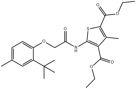 diethyl 5-{[(2-tert-butyl-4-methylphenoxy)acetyl]amino}-3-methyl-2,4-thiophenedicarboxylate Struktur