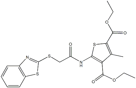 diethyl 5-{[(1,3-benzothiazol-2-ylsulfanyl)acetyl]amino}-3-methyl-2,4-thiophenedicarboxylate Struktur