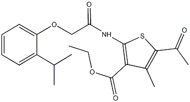 ethyl 5-acetyl-2-{[(2-isopropylphenoxy)acetyl]amino}-4-methyl-3-thiophenecarboxylate Struktur