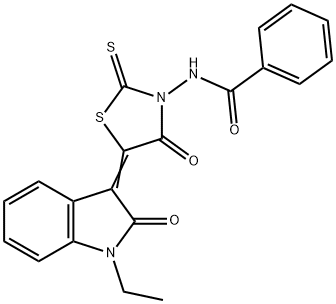 N-[5-(1-ethyl-2-oxo-1,2-dihydro-3H-indol-3-ylidene)-4-oxo-2-thioxo-1,3-thiazolidin-3-yl]benzamide Struktur