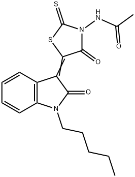 N-[4-oxo-5-(2-oxo-1-pentyl-1,2-dihydro-3H-indol-3-ylidene)-2-thioxo-1,3-thiazolidin-3-yl]acetamide Struktur