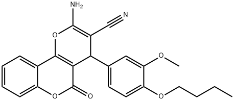 2-amino-4-(4-butoxy-3-methoxyphenyl)-5-oxo-4H,5H-pyrano[3,2-c]chromene-3-carbonitrile Struktur