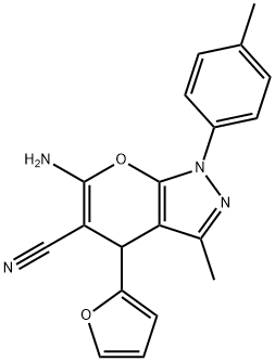 6-amino-4-(2-furyl)-3-methyl-1-(4-methylphenyl)-1,4-dihydropyrano[2,3-c]pyrazole-5-carbonitrile Struktur