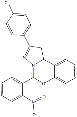 2-(4-chlorophenyl)-5-{2-nitrophenyl}-1,10b-dihydropyrazolo[1,5-c][1,3]benzoxazine Struktur