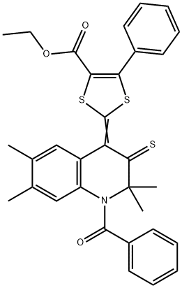 ethyl 2-(1-benzoyl-2,2,6,7-tetramethyl-3-thioxo-2,3-dihydro-4(1H)-quinolinylidene)-5-phenyl-1,3-dithiole-4-carboxylate Struktur