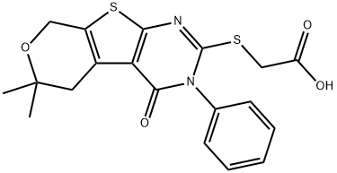 [(6,6-dimethyl-4-oxo-3-phenyl-3,5,6,8-tetrahydro-4H-pyrano[4',3':4,5]thieno[2,3-d]pyrimidin-2-yl)sulfanyl]acetic acid Struktur