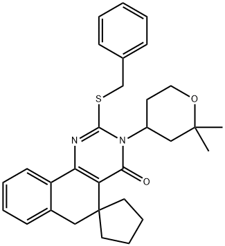 3-(2,2-dimethyltetrahydro-2H-pyran-4-yl)-2-[(phenylmethyl)sulfanyl]-5,6-dihydro-4(3H)-oxospiro(benzo[h]quinazoline-5,1'-cyclopentane) Struktur