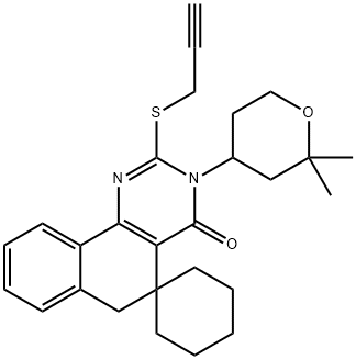 3-(2,2-dimethyltetrahydro-2H-pyran-4-yl)-2-(prop-2-ynylsulfanyl)-5,6-dihydro-4(3H)-oxospiro(benzo[h]quinazoline-5,1'-cyclohexane) Struktur