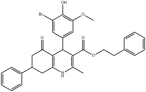 2-phenylethyl 4-(3-bromo-4-hydroxy-5-methoxyphenyl)-2-methyl-5-oxo-7-phenyl-1,4,5,6,7,8-hexahydro-3-quinolinecarboxylate Struktur