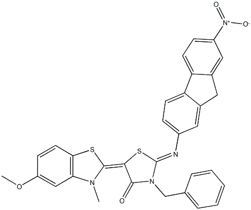 3-benzyl-2-({7-nitro-9H-fluoren-2-yl}imino)-5-(5-methoxy-3-methyl-1,3-benzothiazol-2(3H)-ylidene)-1,3-thiazolidin-4-one Struktur