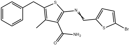 5-benzyl-2-{[(5-bromo-2-thienyl)methylene]amino}-4-methyl-3-thiophenecarboxamide Struktur