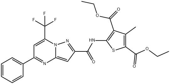 diethyl 3-methyl-5-({[5-phenyl-7-(trifluoromethyl)pyrazolo[1,5-a]pyrimidin-2-yl]carbonyl}amino)-2,4-thiophenedicarboxylate Struktur