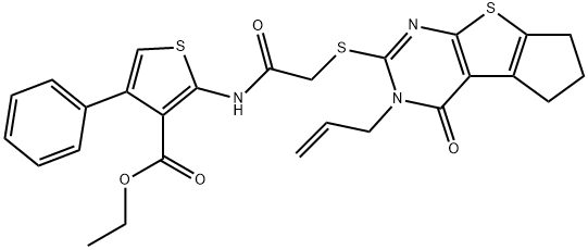 ethyl 2-({[(3-allyl-4-oxo-3,5,6,7-tetrahydro-4H-cyclopenta[4,5]thieno[2,3-d]pyrimidin-2-yl)sulfanyl]acetyl}amino)-4-phenyl-3-thiophenecarboxylate Struktur