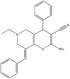 2-amino-8-benzylidene-6-ethyl-4-phenyl-5,6,7,8-tetrahydro-4H-pyrano[3,2-c]pyridine-3-carbonitrile Struktur