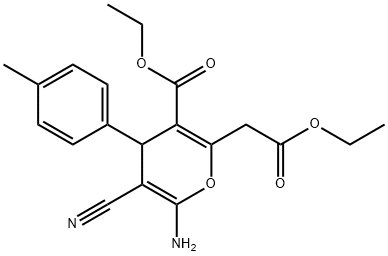 ethyl 6-amino-5-cyano-2-(2-ethoxy-2-oxoethyl)-4-(4-methylphenyl)-4H-pyran-3-carboxylate Struktur