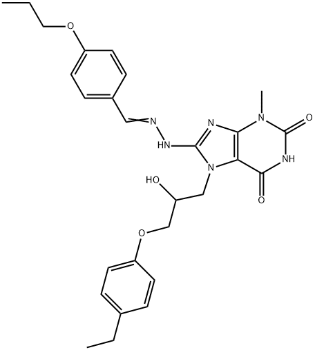 4-propoxybenzaldehyde {7-[3-(4-ethylphenoxy)-2-hydroxypropyl]-3-methyl-2,6-dioxo-2,3,6,7-tetrahydro-1H-purin-8-yl}hydrazone Struktur