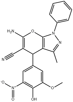 6-amino-4-{4-hydroxy-3-nitro-5-methoxyphenyl}-3-methyl-1-phenyl-1,4-dihydropyrano[2,3-c]pyrazole-5-carbonitrile Struktur