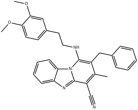 2-benzyl-1-{[2-(3,4-dimethoxyphenyl)ethyl]amino}-3-methylpyrido[1,2-a]benzimidazole-4-carbonitrile Struktur