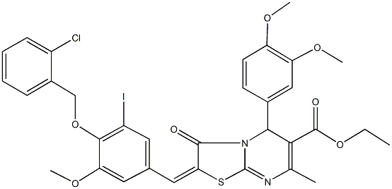 ethyl 2-{4-[(2-chlorobenzyl)oxy]-3-iodo-5-methoxybenzylidene}-5-(3,4-dimethoxyphenyl)-7-methyl-3-oxo-2,3-dihydro-5H-[1,3]thiazolo[3,2-a]pyrimidine-6-carboxylate Struktur