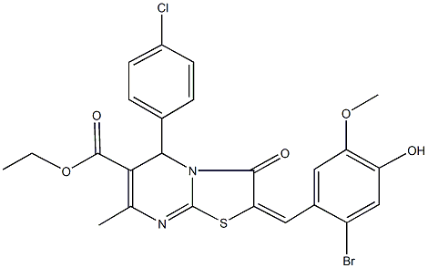 ethyl 2-(2-bromo-4-hydroxy-5-methoxybenzylidene)-5-(4-chlorophenyl)-7-methyl-3-oxo-2,3-dihydro-5H-[1,3]thiazolo[3,2-a]pyrimidine-6-carboxylate Struktur