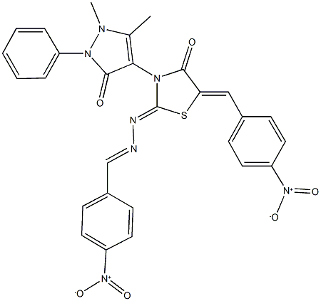 4-nitrobenzaldehyde (3-(1,5-dimethyl-3-oxo-2-phenyl-2,3-dihydro-1H-pyrazol-4-yl)-5-{4-nitrobenzylidene}-4-oxo-1,3-thiazolidin-2-ylidene)hydrazone Struktur