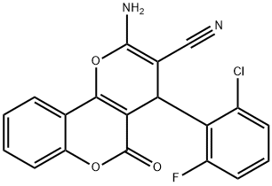 2-amino-4-(2-chloro-6-fluorophenyl)-5-oxo-4H,5H-pyrano[3,2-c]chromene-3-carbonitrile Struktur