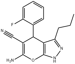 6-amino-4-(2-fluorophenyl)-3-propyl-2,4-dihydropyrano[2,3-c]pyrazole-5-carbonitrile Struktur