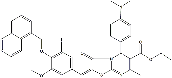 ethyl 5-[4-(dimethylamino)phenyl]-2-[3-iodo-5-methoxy-4-(1-naphthylmethoxy)benzylidene]-7-methyl-3-oxo-2,3-dihydro-5H-[1,3]thiazolo[3,2-a]pyrimidine-6-carboxylate Struktur