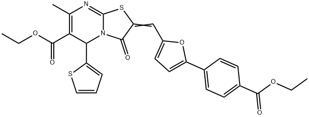 ethyl 2-({5-[4-(ethoxycarbonyl)phenyl]-2-furyl}methylene)-7-methyl-3-oxo-5-(2-thienyl)-2,3-dihydro-5H-[1,3]thiazolo[3,2-a]pyrimidine-6-carboxylate Struktur