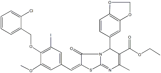 ethyl 5-(1,3-benzodioxol-5-yl)-2-{4-[(2-chlorobenzyl)oxy]-3-iodo-5-methoxybenzylidene}-7-methyl-3-oxo-2,3-dihydro-5H-[1,3]thiazolo[3,2-a]pyrimidine-6-carboxylate Struktur