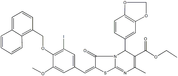 ethyl 5-(1,3-benzodioxol-5-yl)-2-[3-iodo-5-methoxy-4-(1-naphthylmethoxy)benzylidene]-7-methyl-3-oxo-2,3-dihydro-5H-[1,3]thiazolo[3,2-a]pyrimidine-6-carboxylate Struktur