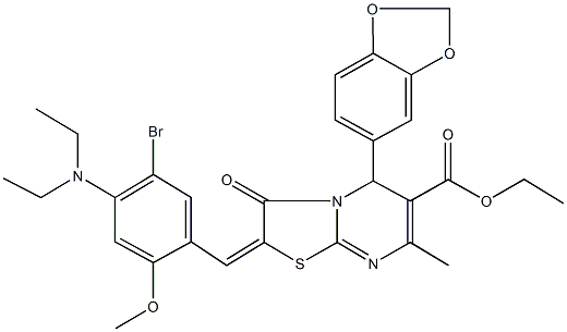 ethyl 5-(1,3-benzodioxol-5-yl)-2-[5-bromo-4-(diethylamino)-2-methoxybenzylidene]-7-methyl-3-oxo-2,3-dihydro-5H-[1,3]thiazolo[3,2-a]pyrimidine-6-carboxylate Struktur