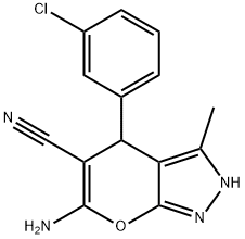 6-amino-4-(3-chlorophenyl)-3-methyl-1,4-dihydropyrano[2,3-c]pyrazole-5-carbonitrile Struktur