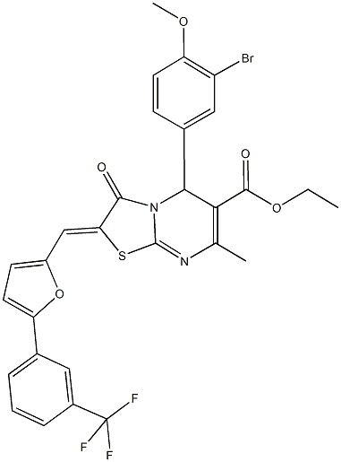 ethyl 5-(3-bromo-4-methoxyphenyl)-7-methyl-3-oxo-2-({5-[3-(trifluoromethyl)phenyl]-2-furyl}methylene)-2,3-dihydro-5H-[1,3]thiazolo[3,2-a]pyrimidine-6-carboxylate Struktur