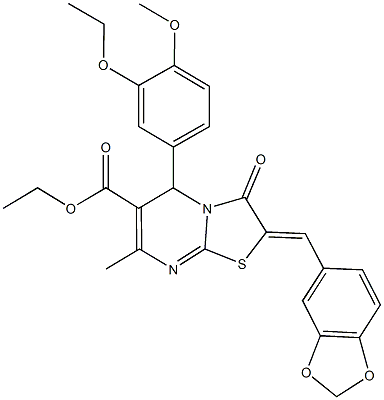 ethyl 2-(1,3-benzodioxol-5-ylmethylene)-5-(3-ethoxy-4-methoxyphenyl)-7-methyl-3-oxo-2,3-dihydro-5H-[1,3]thiazolo[3,2-a]pyrimidine-6-carboxylate Struktur