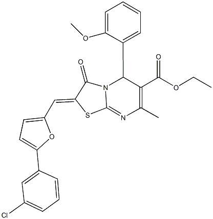 ethyl 2-{[5-(3-chlorophenyl)-2-furyl]methylene}-5-(2-methoxyphenyl)-7-methyl-3-oxo-2,3-dihydro-5H-[1,3]thiazolo[3,2-a]pyrimidine-6-carboxylate Struktur