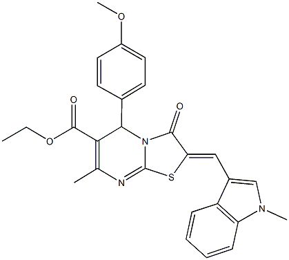 ethyl 5-(4-methoxyphenyl)-7-methyl-2-[(1-methyl-1H-indol-3-yl)methylene]-3-oxo-2,3-dihydro-5H-[1,3]thiazolo[3,2-a]pyrimidine-6-carboxylate Struktur