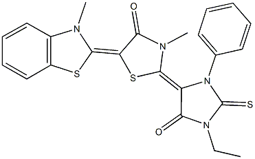 2-(1-ethyl-5-oxo-3-phenyl-2-thioxo-4-imidazolidinylidene)-3-methyl-5-(3-methyl-1,3-benzothiazol-2(3H)-ylidene)-1,3-thiazolidin-4-one Struktur