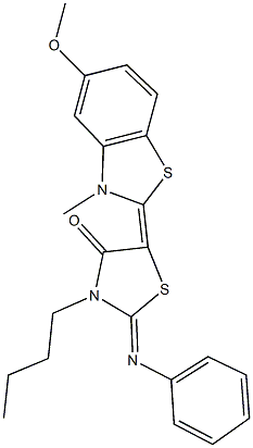 3-butyl-5-(5-methoxy-3-methyl-1,3-benzothiazol-2(3H)-ylidene)-2-(phenylimino)-1,3-thiazolidin-4-one Struktur