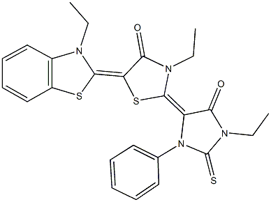 3-ethyl-5-(3-ethyl-1,3-benzothiazol-2(3H)-ylidene)-2-(1-ethyl-5-oxo-3-phenyl-2-thioxo-4-imidazolidinylidene)-1,3-thiazolidin-4-one Struktur