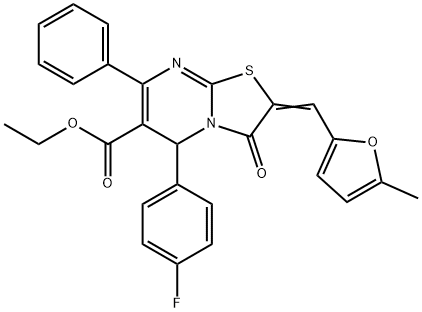 ethyl 5-(4-fluorophenyl)-2-[(5-methyl-2-furyl)methylene]-3-oxo-7-phenyl-2,3-dihydro-5H-[1,3]thiazolo[3,2-a]pyrimidine-6-carboxylate Struktur