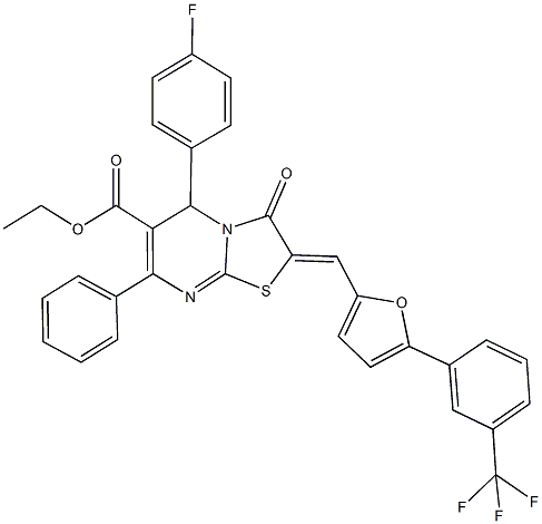 ethyl 5-(4-fluorophenyl)-3-oxo-7-phenyl-2-({5-[3-(trifluoromethyl)phenyl]-2-furyl}methylene)-2,3-dihydro-5H-[1,3]thiazolo[3,2-a]pyrimidine-6-carboxylate Struktur