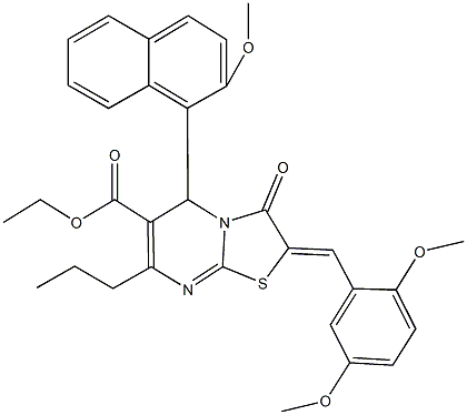 ethyl 2-(2,5-dimethoxybenzylidene)-5-(2-methoxy-1-naphthyl)-3-oxo-7-propyl-2,3-dihydro-5H-[1,3]thiazolo[3,2-a]pyrimidine-6-carboxylate Struktur