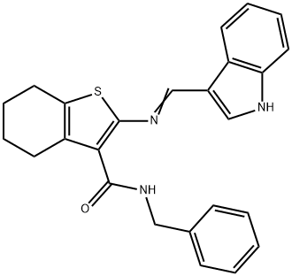 N-benzyl-2-[(1H-indol-3-ylmethylene)amino]-4,5,6,7-tetrahydro-1-benzothiophene-3-carboxamide Struktur