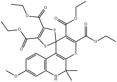 2,3,4',5'-tetrakis(ethoxycarbonyl)-8-methoxy-5,5-dimethyl-5,6-dihydrospiro(1H-thiopyrano[2,3-c]quinoline-1,2'-[1',3']-dithiole) Struktur