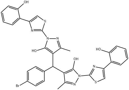 4-((4-bromophenyl){5-hydroxy-1-[4-(2-hydroxyphenyl)-1,3-thiazol-2-yl]-3-methyl-1H-pyrazol-4-yl}methyl)-1-[4-(2-hydroxyphenyl)-1,3-thiazol-2-yl]-3-methyl-1H-pyrazol-5-ol Struktur